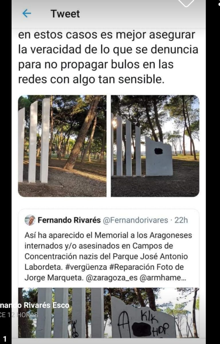 Podemos Zaragoza denuncia el uso partidista de las redes oficiales del Ayuntamiento para negar un acto vandálico en un monumento memorialista