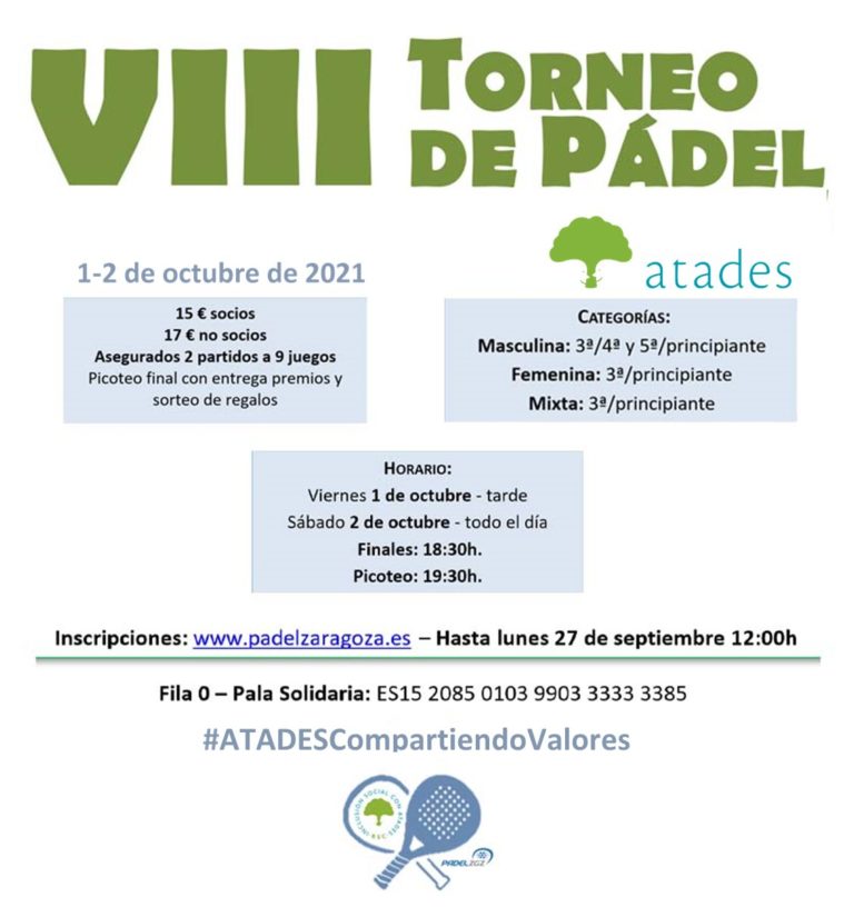 Abierto el plazo de inscripciones para la octava edición del torneo solidario de pádel de ATADES