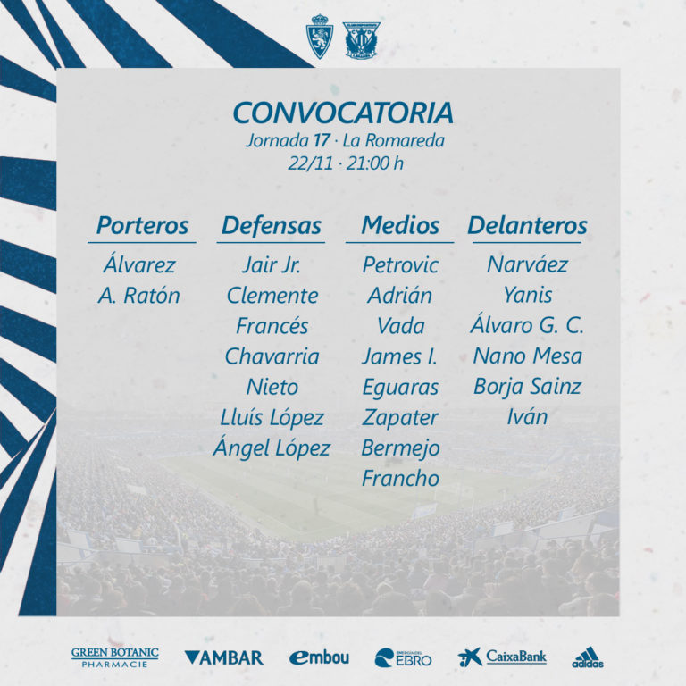23 convocados ante el CD Leganés con las ausencias de Vigaray, por lesión, y Javi Ros por decisión técnica