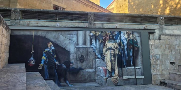 El artista Edd Bhurton expone un mural en el exterior del museo de Huesca basado en La Campña de Huesca