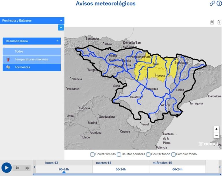 Posibles crecidas en cauces menores de Aragón ante el aviso amarillo por lluvias intensas