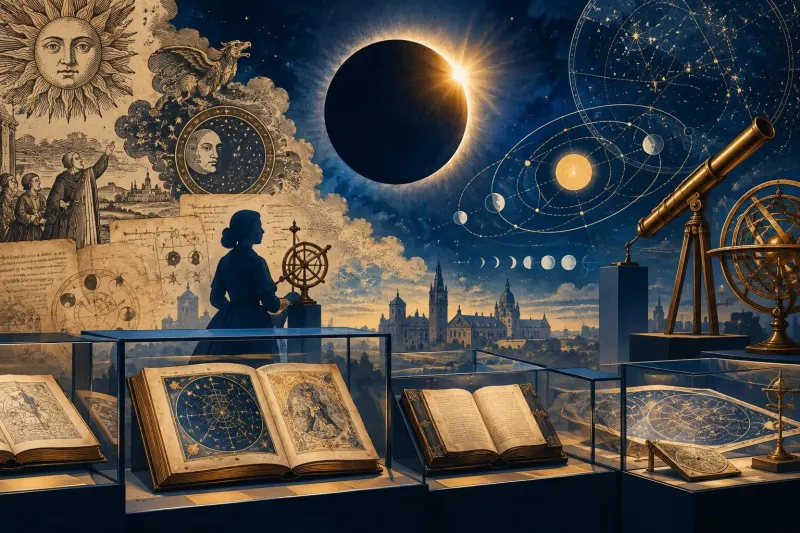 Ilustración generada con IA: un eclipse conecta antiguos presagios, libros históricos y cálculos científicos en una evocación visual de la exposición de la Universidad de Zaragoza.
