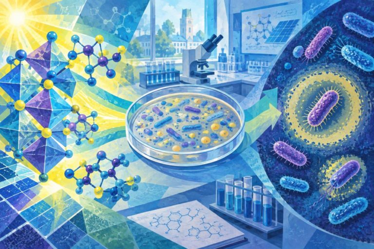 Ilustración generada con IA: moléculas de origen fotovoltaico se conectan con bacterias en un laboratorio, evocando una vía experimental investigada por José Antonio Ainsa en Hablemos de Agua.